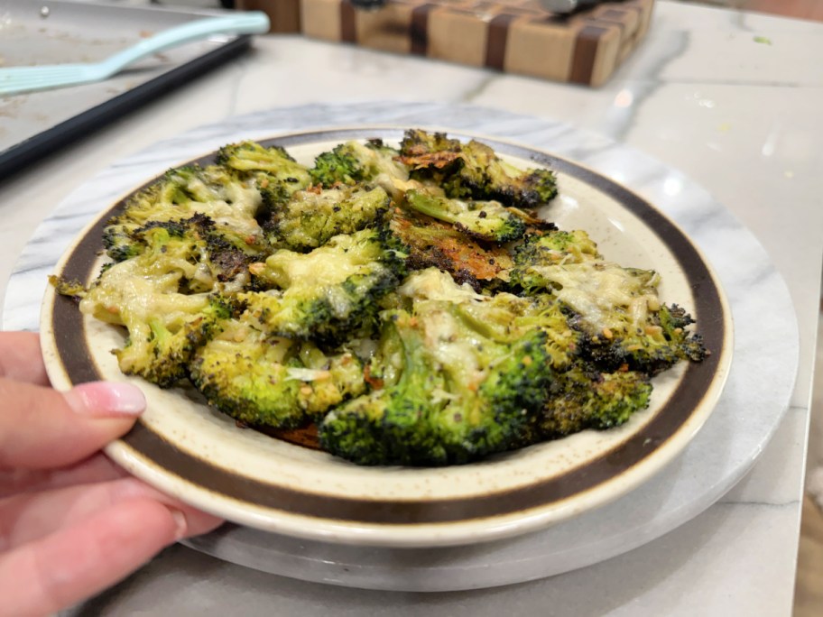 plate with smashed broccoli after cooking 
