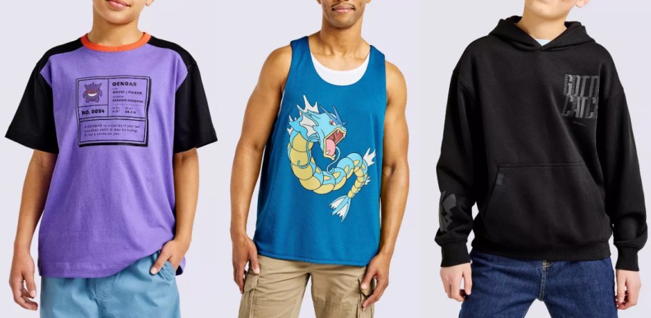 Three people dressed in Pokemon-themed costumes: a boy in a purple Gengar t-shirt, a man in a blue Gyarados tank top, and a boy in a black hoodie.