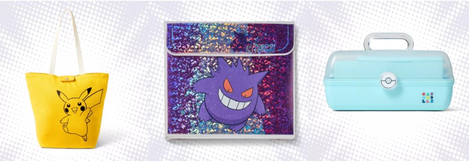 A yellow Pikachu tote bag, a shiny purple Jenga folder, and a light blue handbag with a Pokeball clasp.