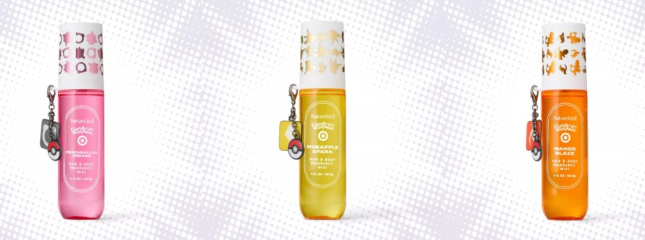 These are three colorful body mists with a fun Pokemon-themed design and unique fruity scents: pink (apple), yellow (pineapple), and orange (mango).