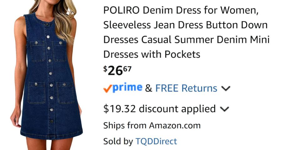 woman wearing denim dress next to Amazon pricing information