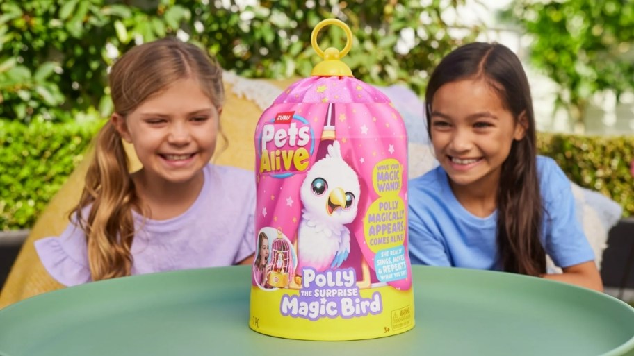 two little girls with a surprise magic bird