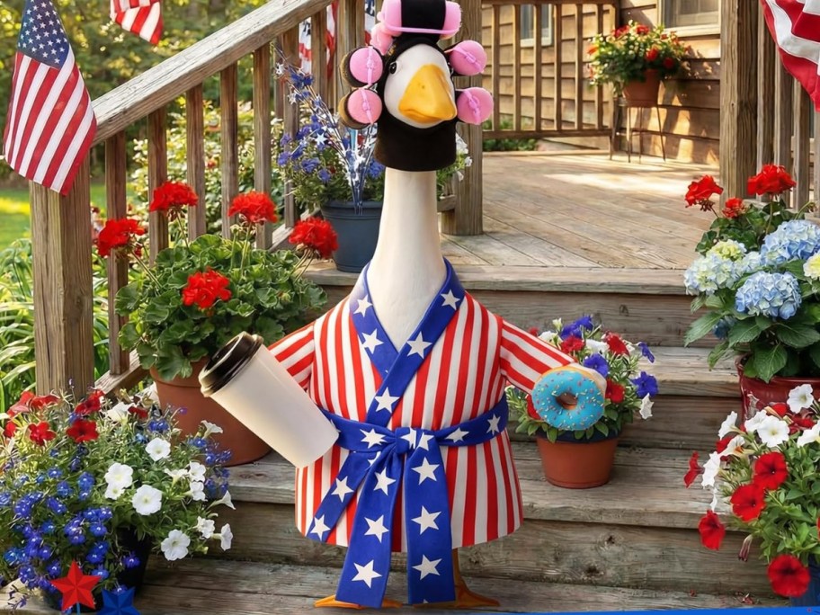a porch goose with a red, white, and blue flag like bathrobe outfit