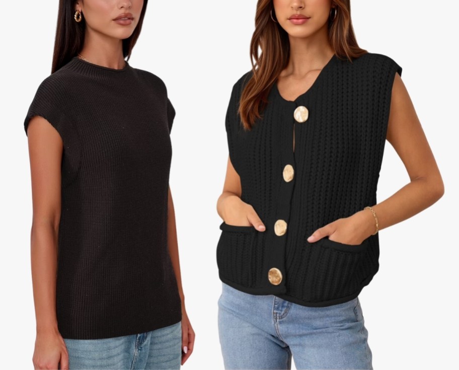 two women wearing sleeveless sweaters