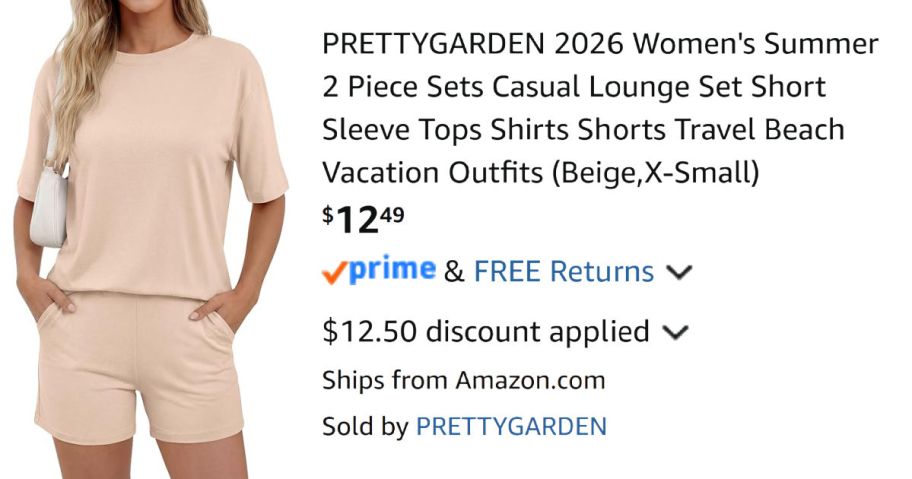 woman wearing beige outfit next to Amazon pricing information