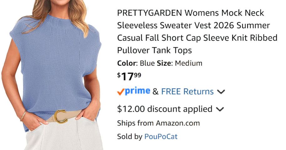 woman wearing blue sweater next to Amazon pricing information