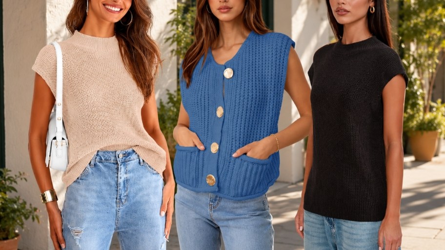 thress women wearing sleeveless sweaters