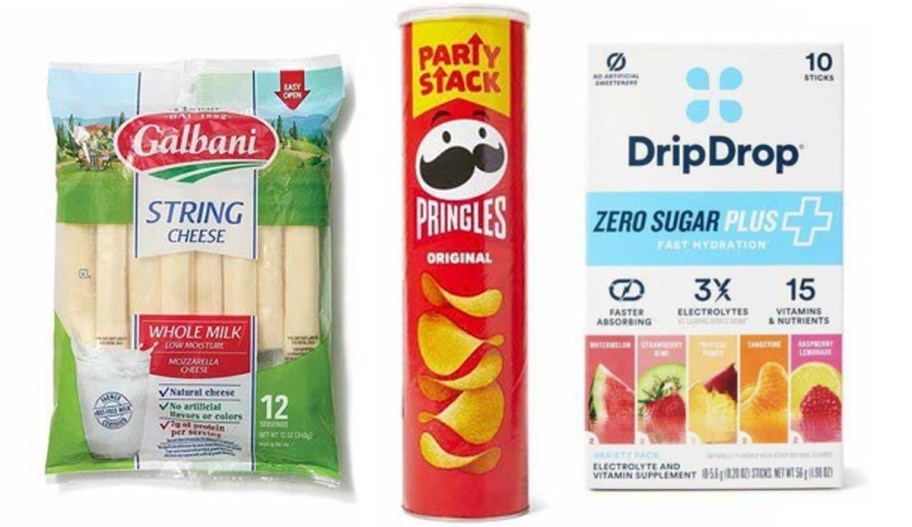 galbani string cheese, pringles, and dripdrop hydration packs 