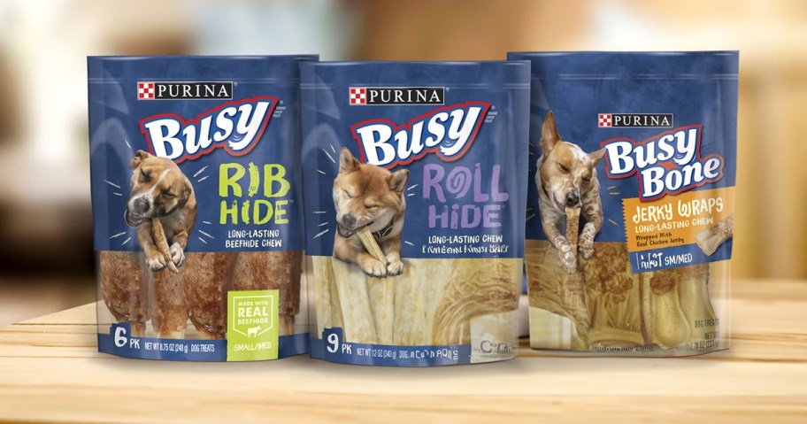 purina busy dog treat bags on table