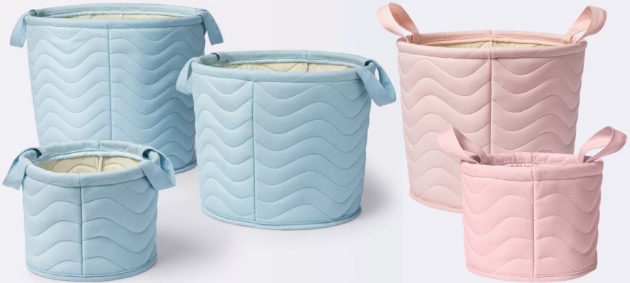 3 blue quilted baskets shown with 2 pink quilted baskets