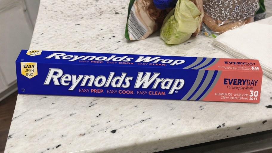 a box of aluminum foil on a kitchen countertop