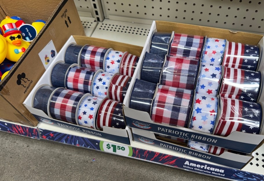 rolls of ribbon in prints and plaids