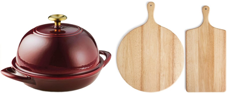Red ceramic pot with a gold knob next to two wooden cutting boards, one round and one rectangular, with handles.