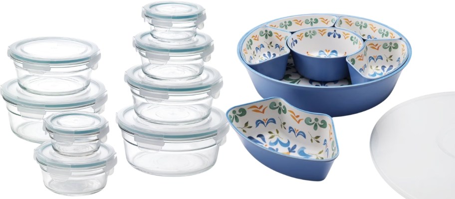 a glass food storage set an a divided serving tray with lid