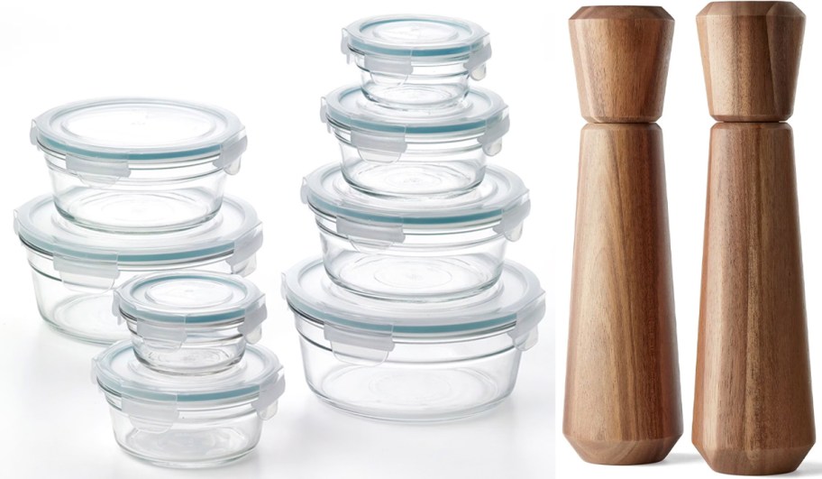 round glass storage set and acacia wood salt and pepper mills