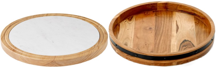 Two round lazy susans; one has a smooth white marble center with a light wood rim, the other features a rich wood finish with a dark metal band accent.