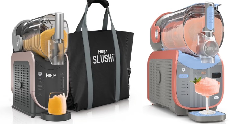 a Ninja Slushi drink machine with a tote bag and a larger Ninja Slushi Max Machine