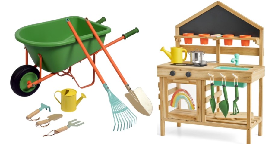 a kids wheelbarrow and gardening set and a kids outdoor mud kitchen