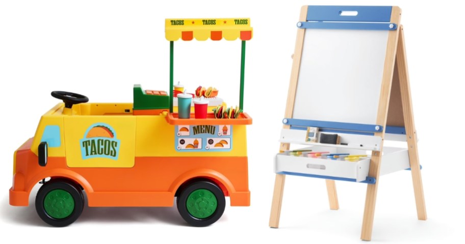 a kids ride on taco truck and art easel