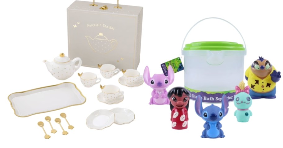 a kids play tea set and a set of bath toys