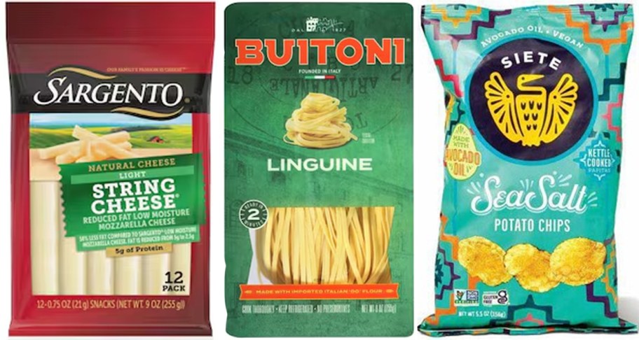 sargento cheese, buitoni pasta, and siete chips 