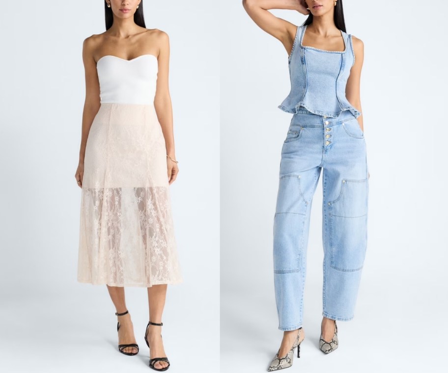 woman in a tube top and lace midi skirt and a woman in a denim peplum top and jeans