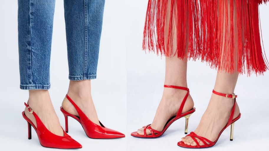 women in red heeled shoes