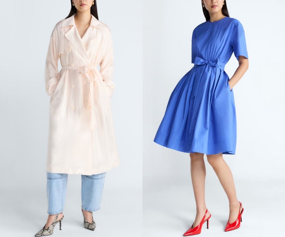 woman in a peach trench coat and a woman in a blue shirt waist dress