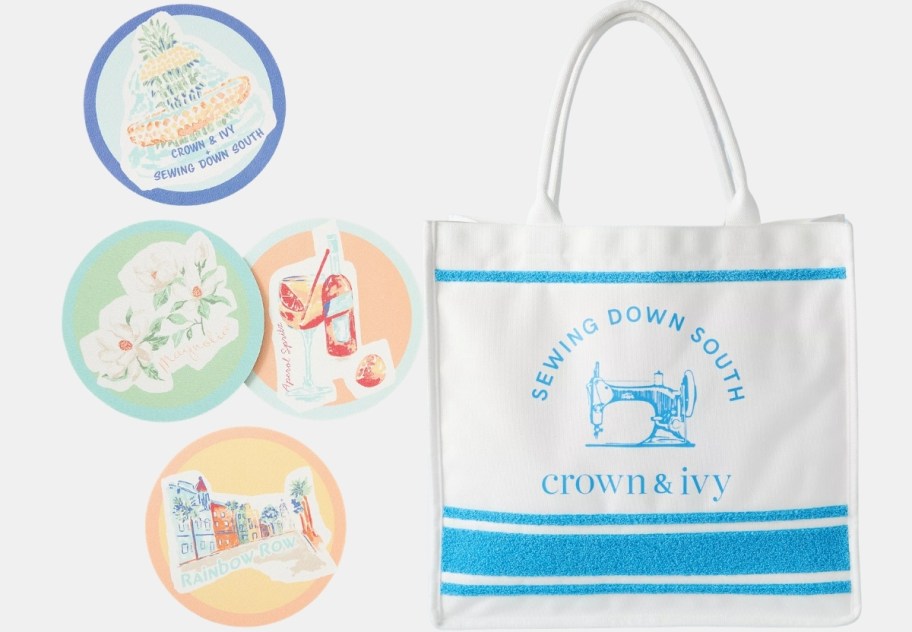 four drink coasters and a tote bag