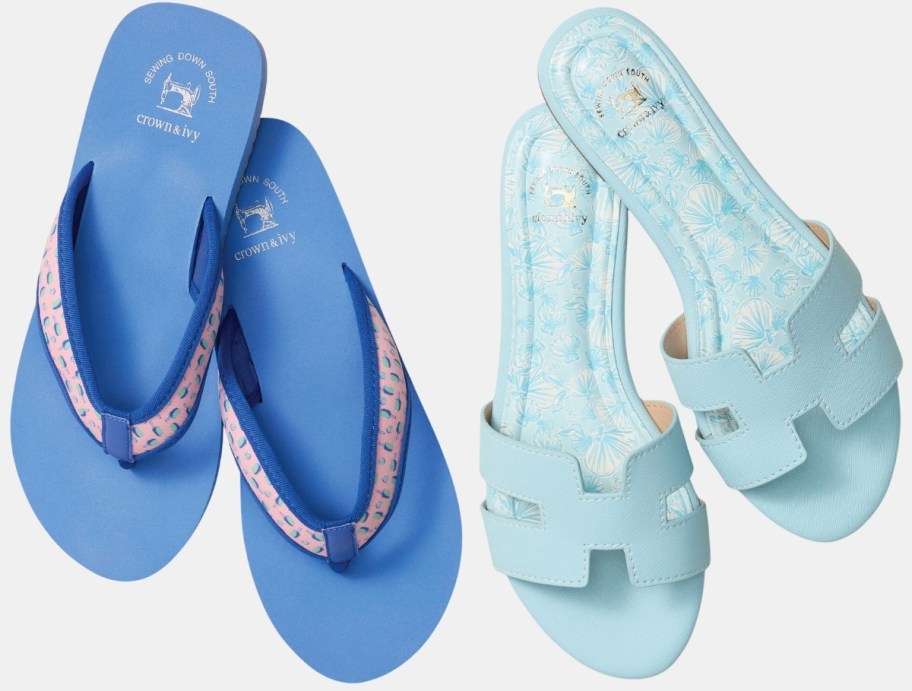 a pair of mens flip flops and womens sandal slides