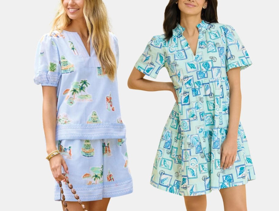 a woma in a short set and one in a mini dress