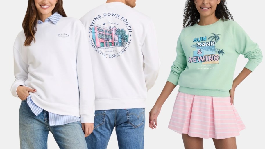 a man and woman in a white sweatshirt and a woman in a green sweatshitrt