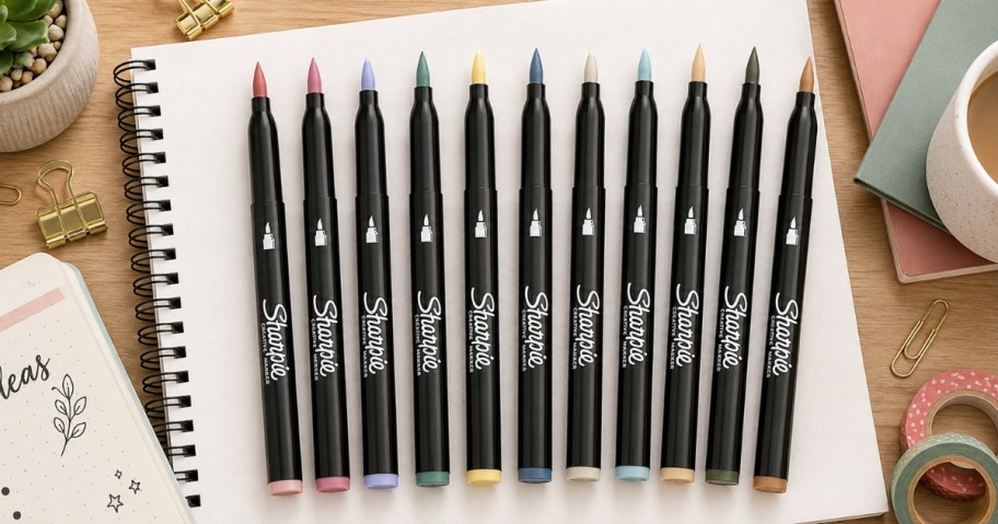 a bunch of Sharpie acrylic paint markers on a drawing pad