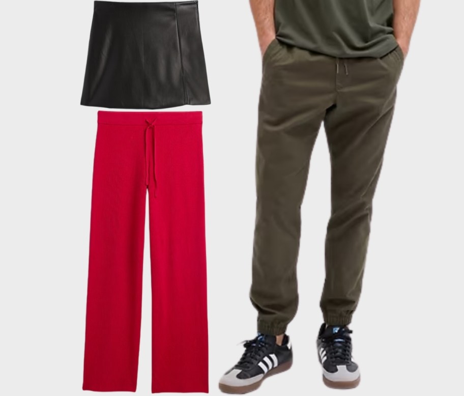 mens joggers, womens mini skirt and drawstring pants