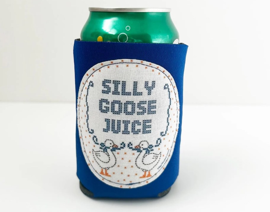 silly goose juice can cooler with green canned drink inside