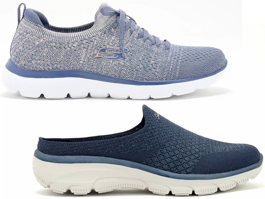 two pairs of blue skechers