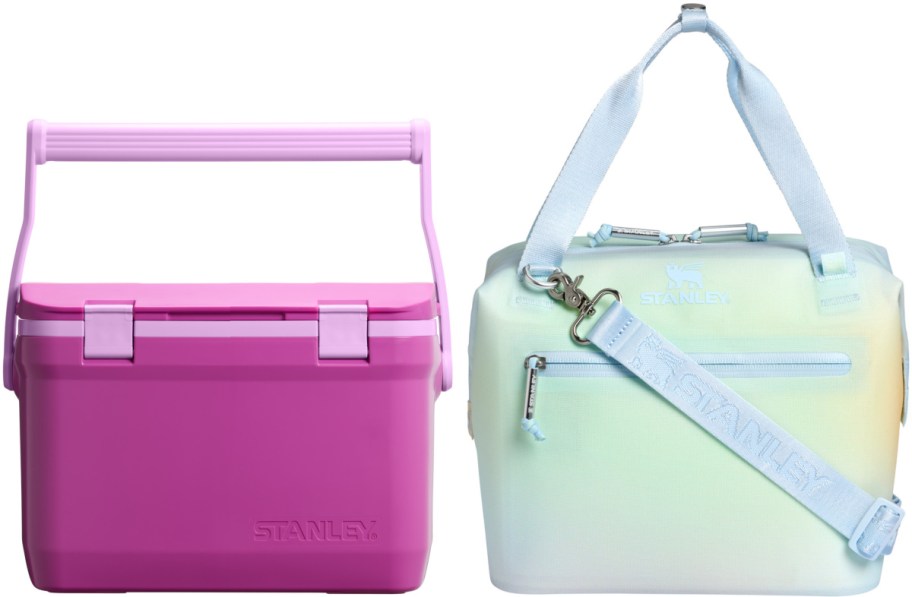 Vibrant coolers side by side: a pink box cooler with a handle on the left and a pastel gradient soft cooler bag with a strap on the right.