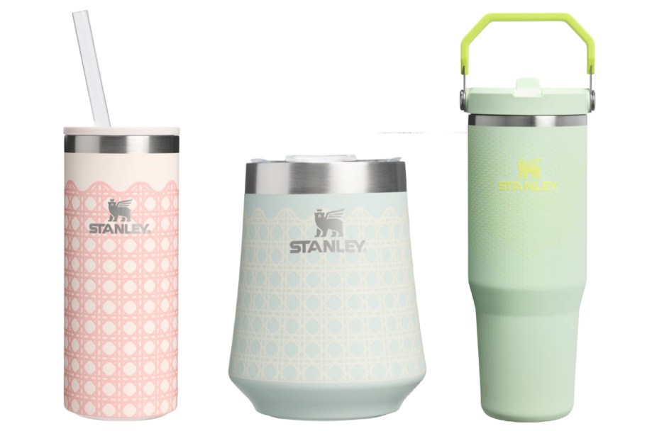 pink gingham straw tumbler, green wine tumbler, and green handle tumbler