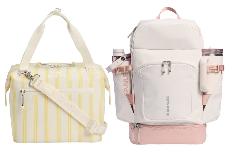 yellow striped bag cooler and pink backpack cooler