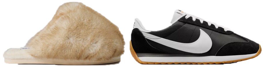 fur slippers and black nike shoe