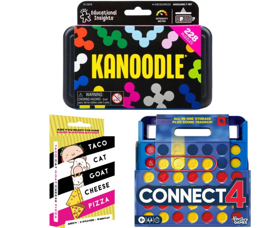 taco cat goat cheese pizza, connect 4 and kanoodle games