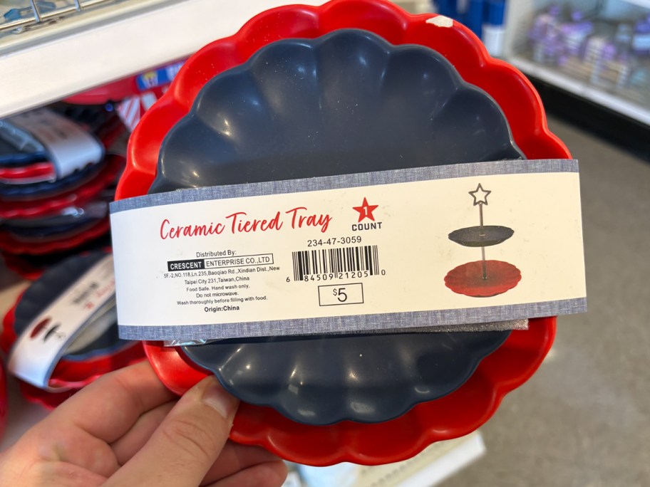 red white and blue tiered tray