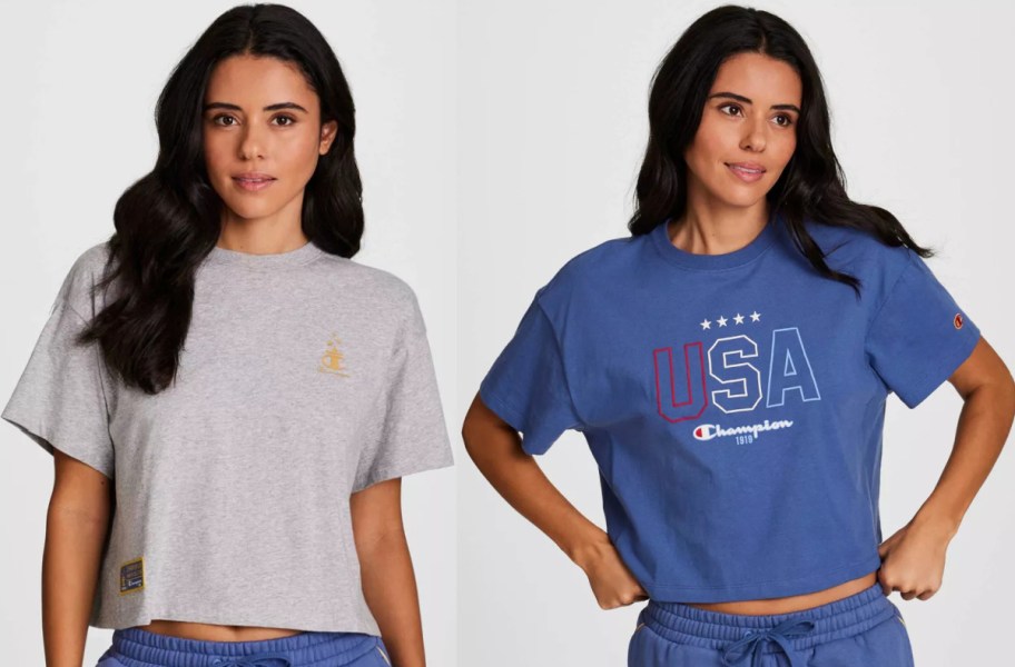 A woman with long dark hair models two casual outfits indoors. She wears a gray crop top and blue pants on the left, and a blue "USA" crop top on the right.