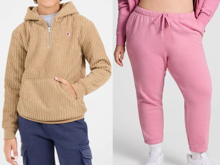 A split image showing a person in a tan ribbed hoodie paired with blue cargo pants on the left, and another person in pink sweatpants on the right.
