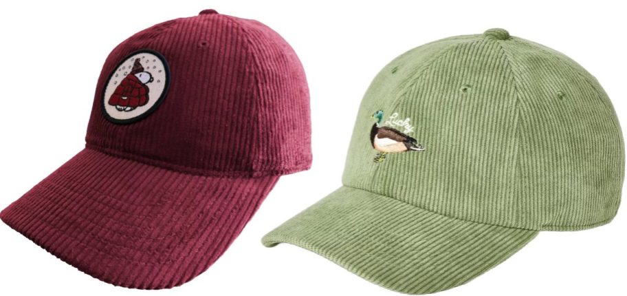 wine baseball hat and green baseball hat