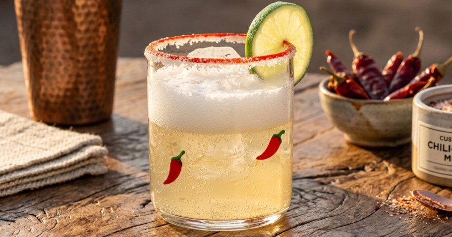 A clear glass decorated with red chili peppers filled with an iced, sparkling beverage, and garnished with a lime wheel sitting on a wooden table.
