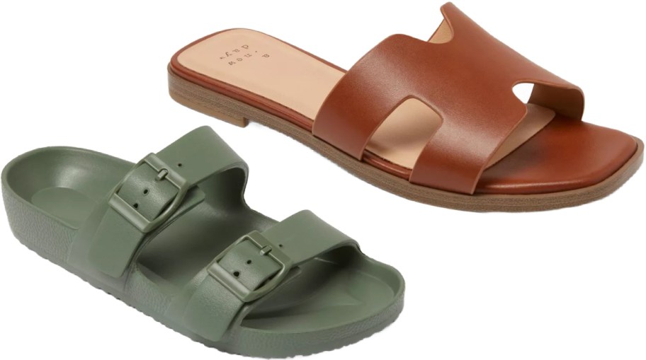 A pair of slides: one brown leather slide with cutout details and one green slide sandal with two adjustable buckles.