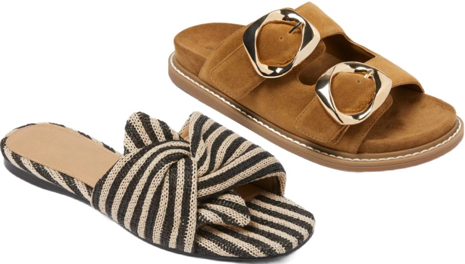 A pair of women's sandals, one with a brown strap featuring large gold buckles and the other a slide sandal with a striped pattern and knotted bow detail.