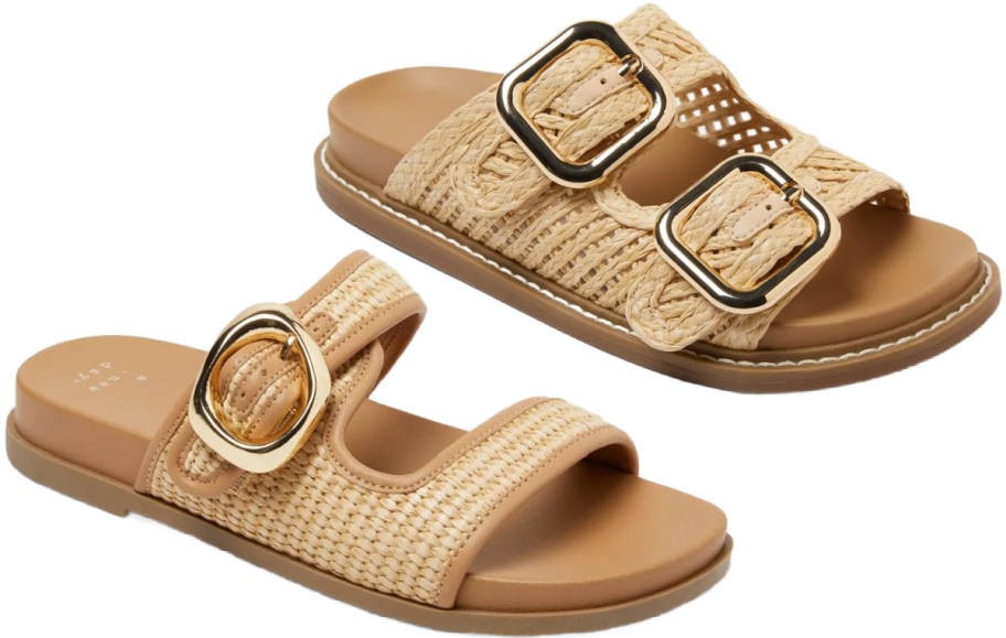 A pair of women&rsquo;s sandals featuring a woven design, one with an oversized buckle on the strap, and one with two buckles. Both in a beige color.