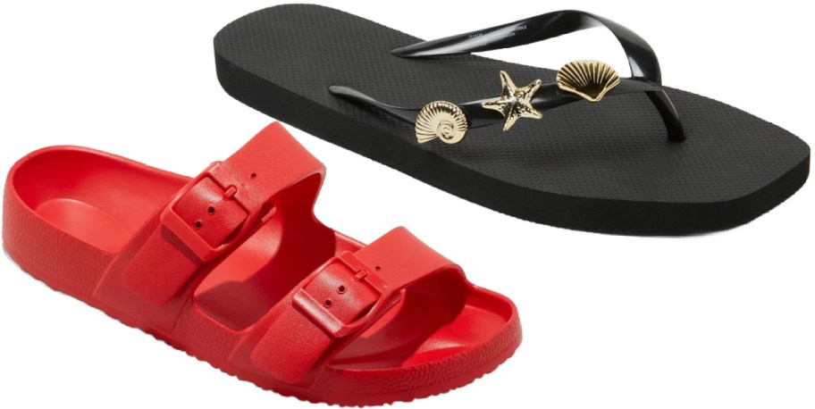 Two pairs of sandals: one is a black flip-flop with decorative shells, and the other is a red slide sandal with double buckles.